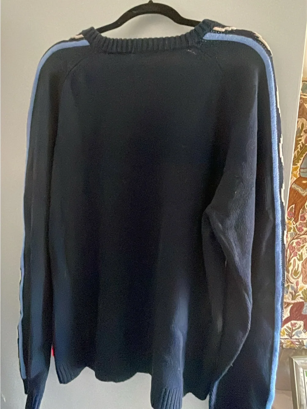 Men’s Navy Crewneck Sweater with Patterned Sleeves~MOUNTAIN KHAKIS~SIZE L